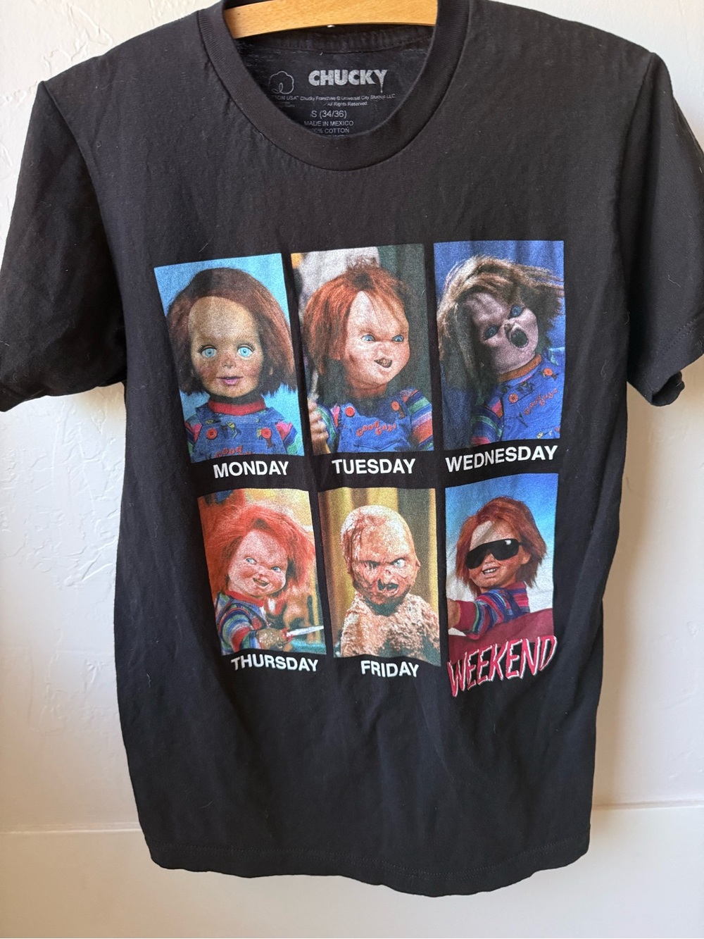 Chucky Unisex Days of the Week Meme Black Graphic T Shirt Size S